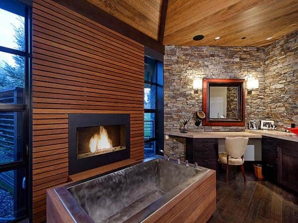 Bathroom with Fireplace and Matte Wooden Floor