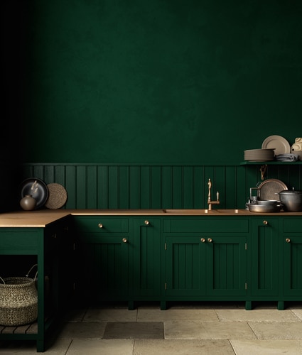 Dark,Green,Kitchen,Interior,With,Sink,,Furniture,,Dishes,And,Decor.