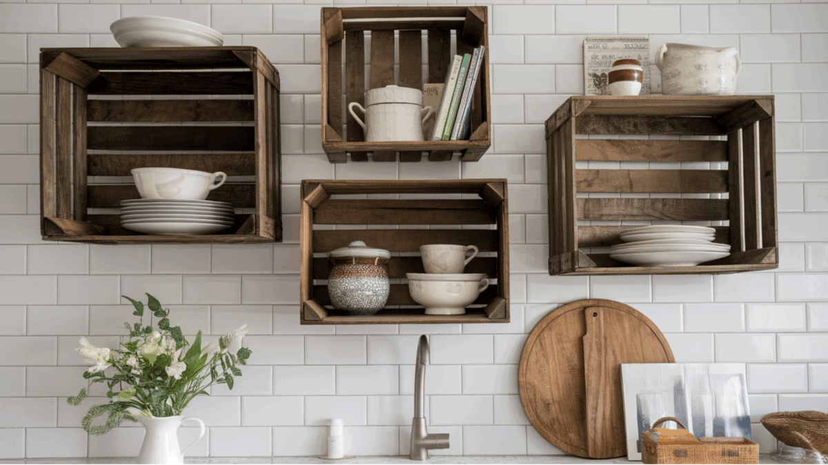 View of 33 Creative Farmhouse Wooden Crate Decorating Ideas - Opple House