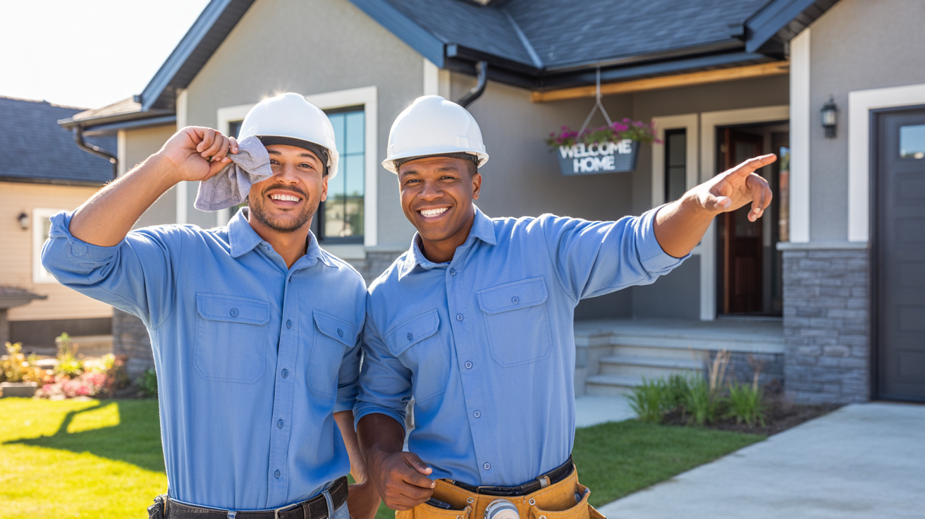 A photograph depicting two smiling construction workers standing proudly in front of a newly renovated modern home