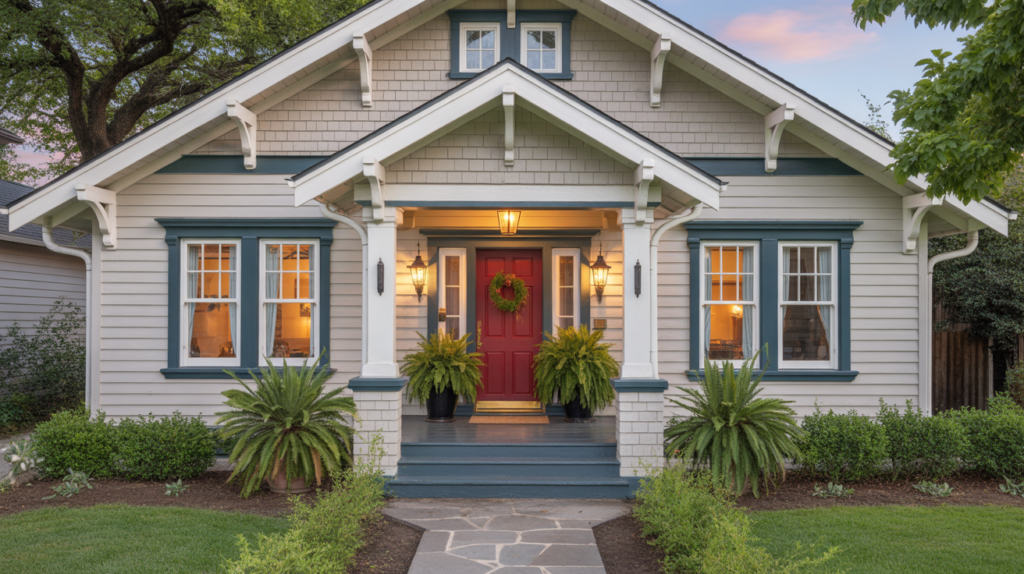 A photograph of a charming, two-story craftsman-style house