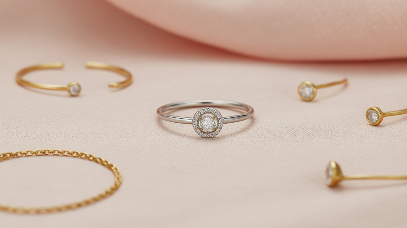 A photograph of a delicate halo ring, centered on a soft beige linen fabric.