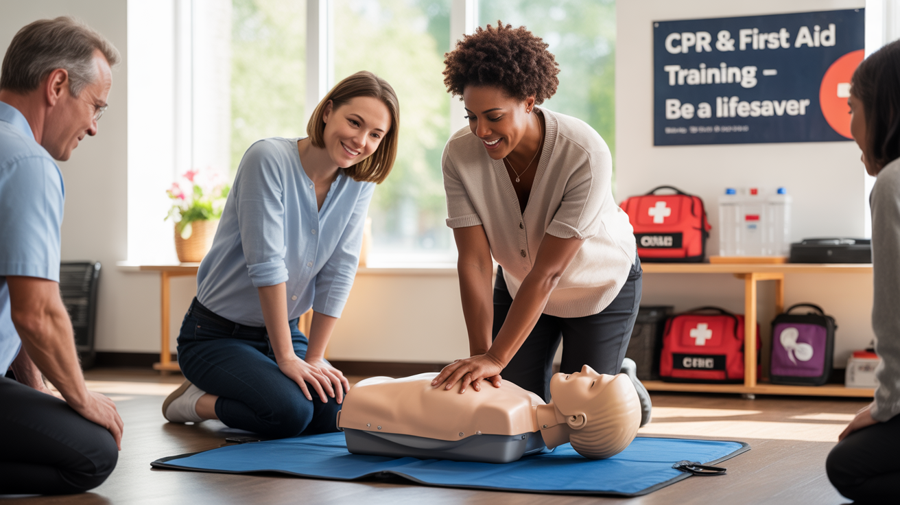 A photograph of a diverse group of adults participating in a CPR and First Aid training session