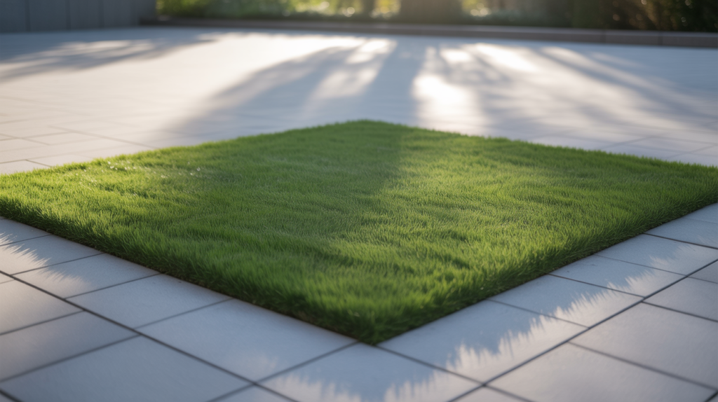 A photograph of a meticulously clean square patch of vibrant green synthetic grass