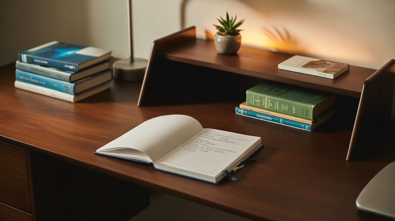A photograph of a meticulously organized study space featuring a sleek, dark wood desk