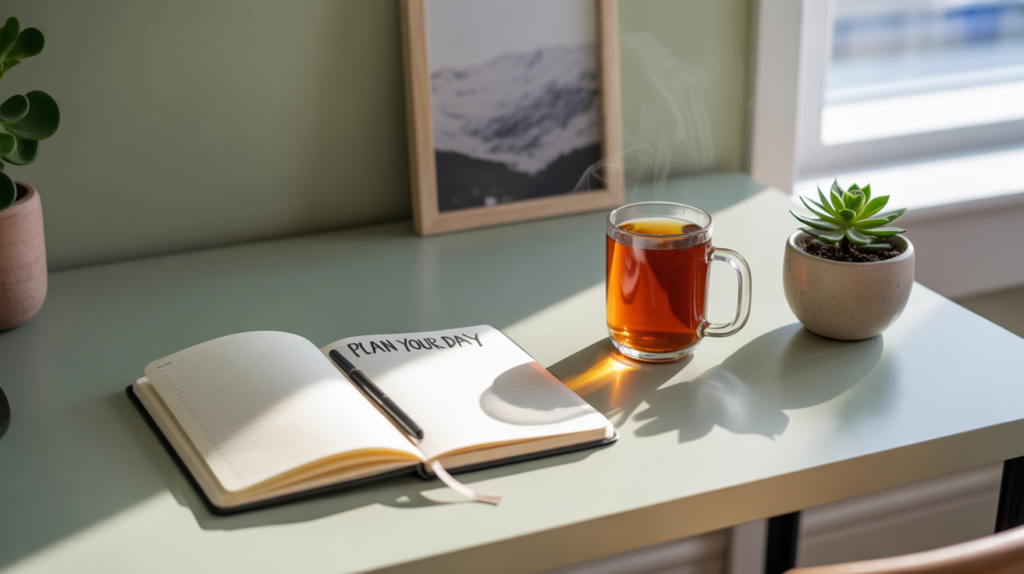 A photograph of a meticulously organized study space featuring a sleek, minimalist desk