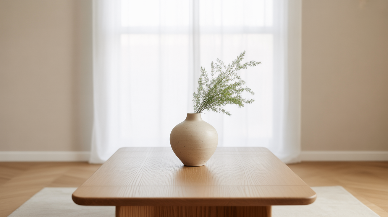 A photograph of a minimalist living room showcasing a clean and decluttered aesthetic.
