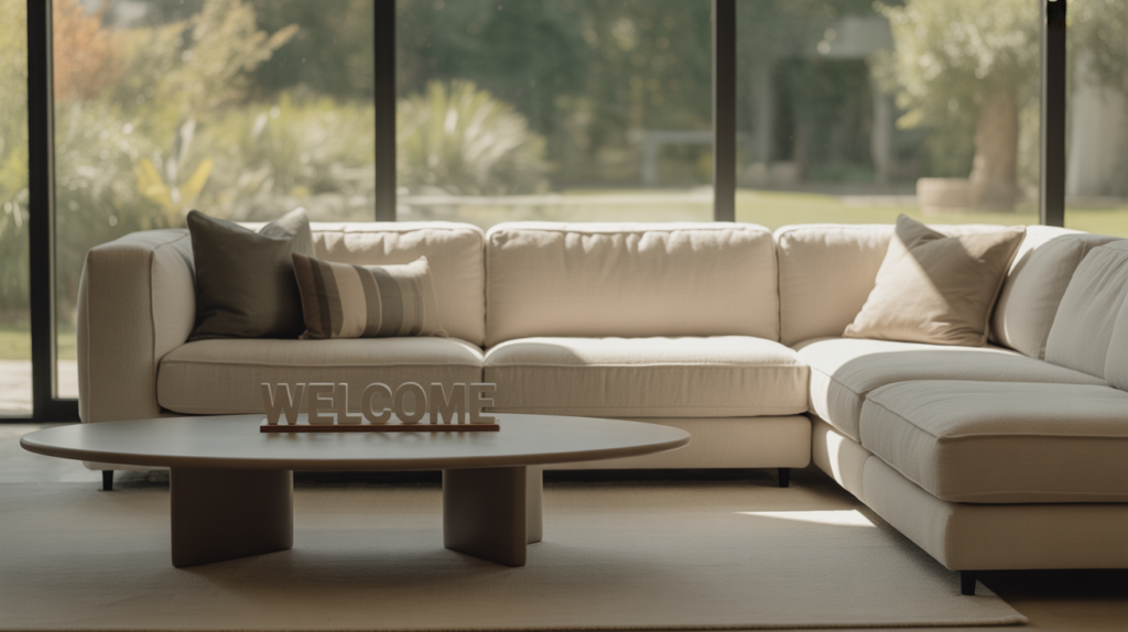 A photograph of a modern living room bathed in soft, natural light.