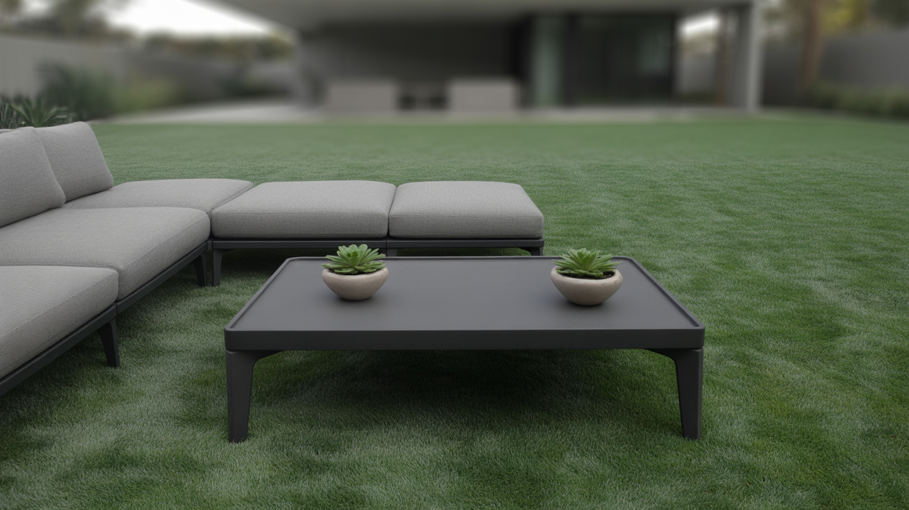 A photograph of a modern, minimalist backyard featuring a sleek gray sectional sofa