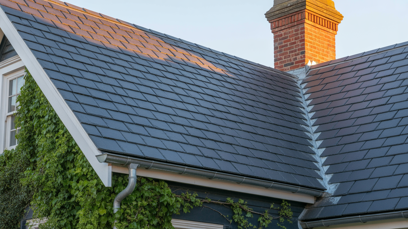 A photograph of a newly installed slate roof on a charming Victorian house