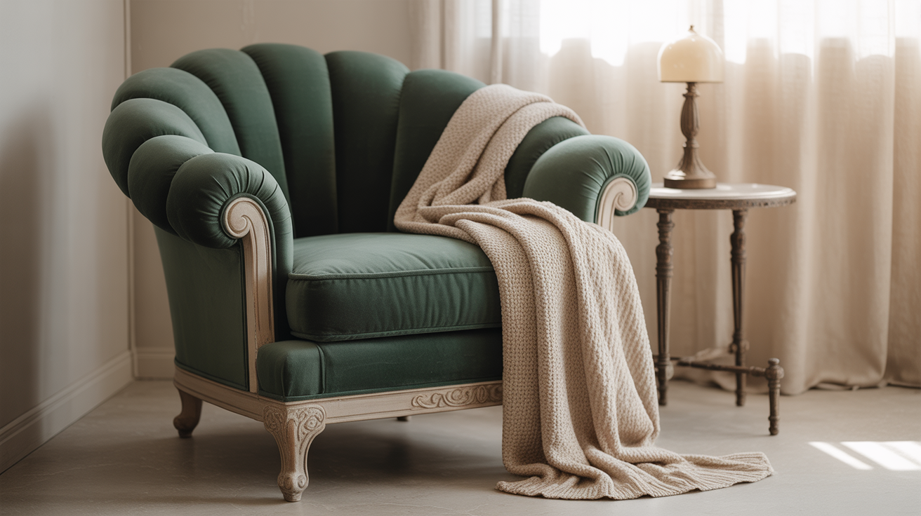 A photograph of a plush velvet armchair in a minimalist living room. 