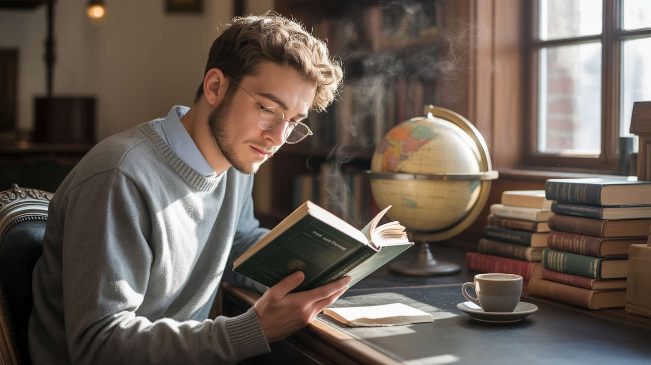 A photograph of a young man engrossed in a book within a cozy, sunlit study. 