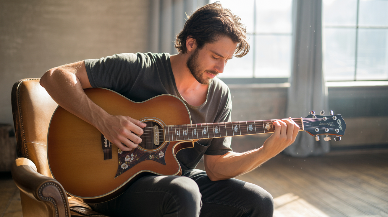 A photograph of a young man passionately playing an acoustic guita