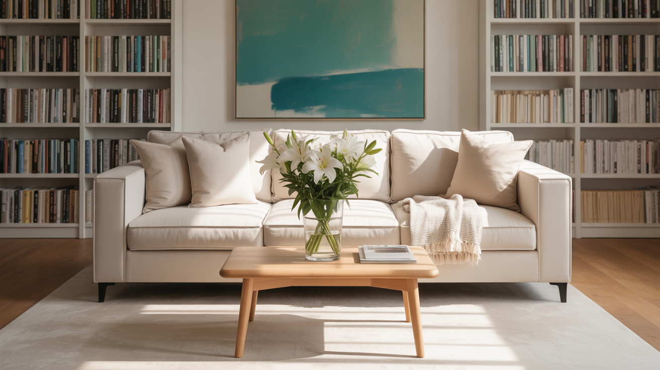 A photograph of an impeccably organized living room bathed in soft morning light