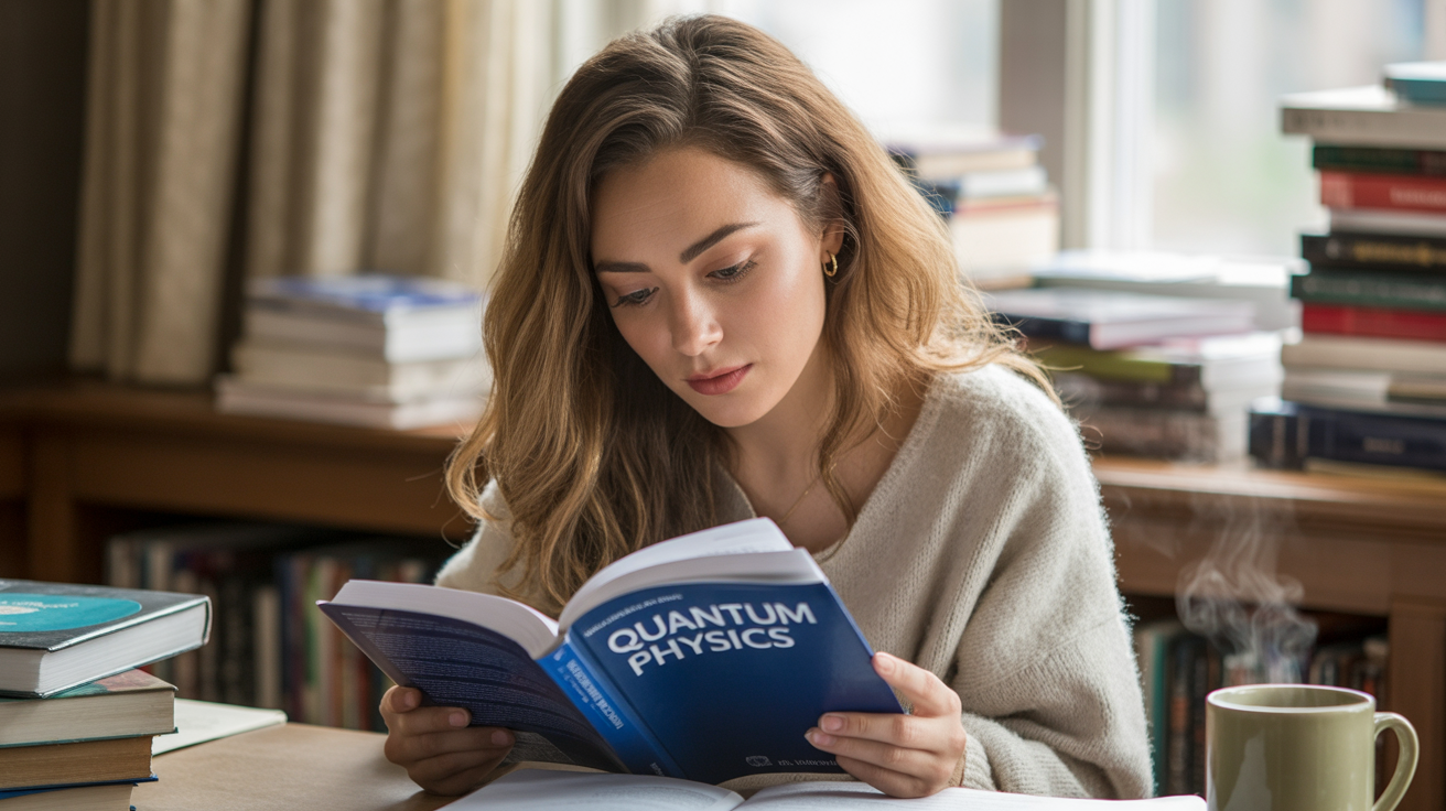 A soft, natural light portrait photograph of a young woman intently studying