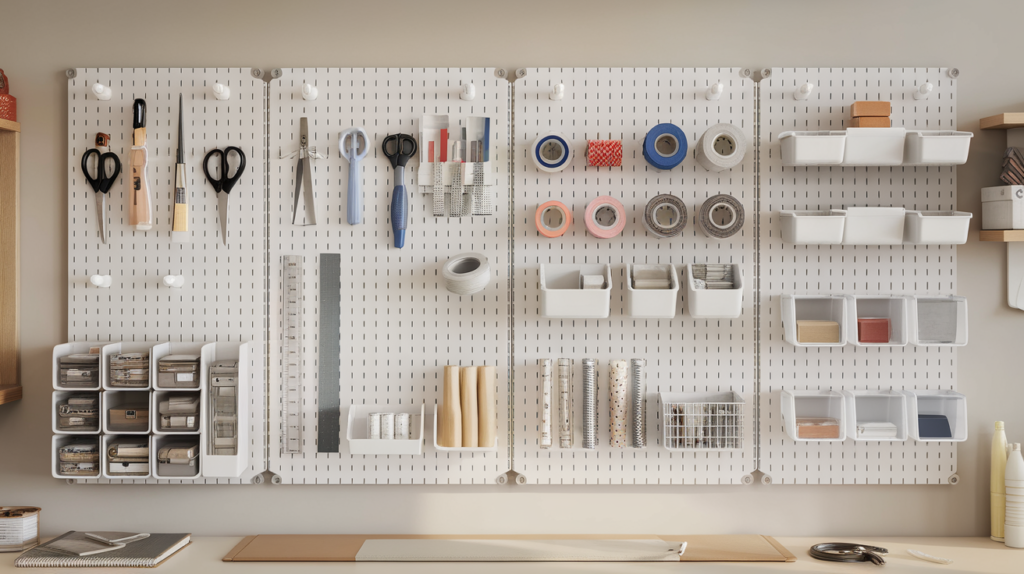 Pegboards with Hooks and Bins