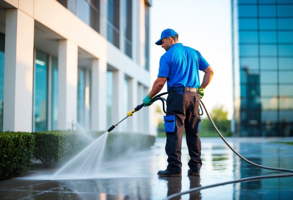 A professional pressure washing service cleans dirt and grime from a building exterior, leaving it looking fresh and well-maintained