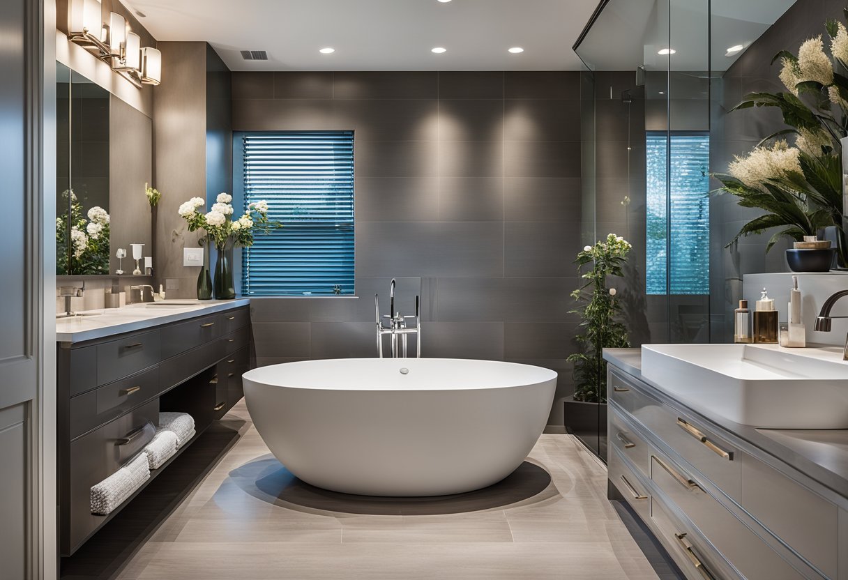 A sleek, modern bathroom with a freestanding tub, dual vanities, and a spacious walk-in shower. High-end finishes and custom details complete the luxurious remodel