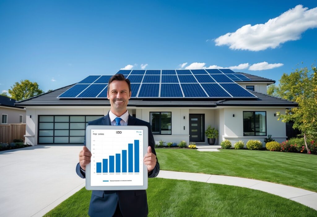 Casa moderna con paneles solares en el techo y un agente inmobiliario sosteniendo una tableta frente a la vivienda.