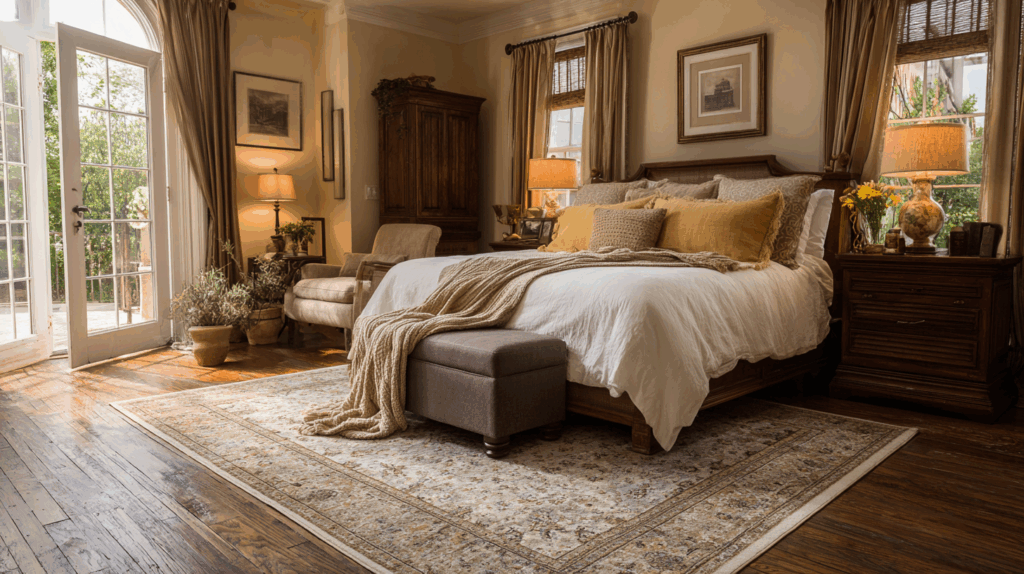 8x10 rug under queen bed