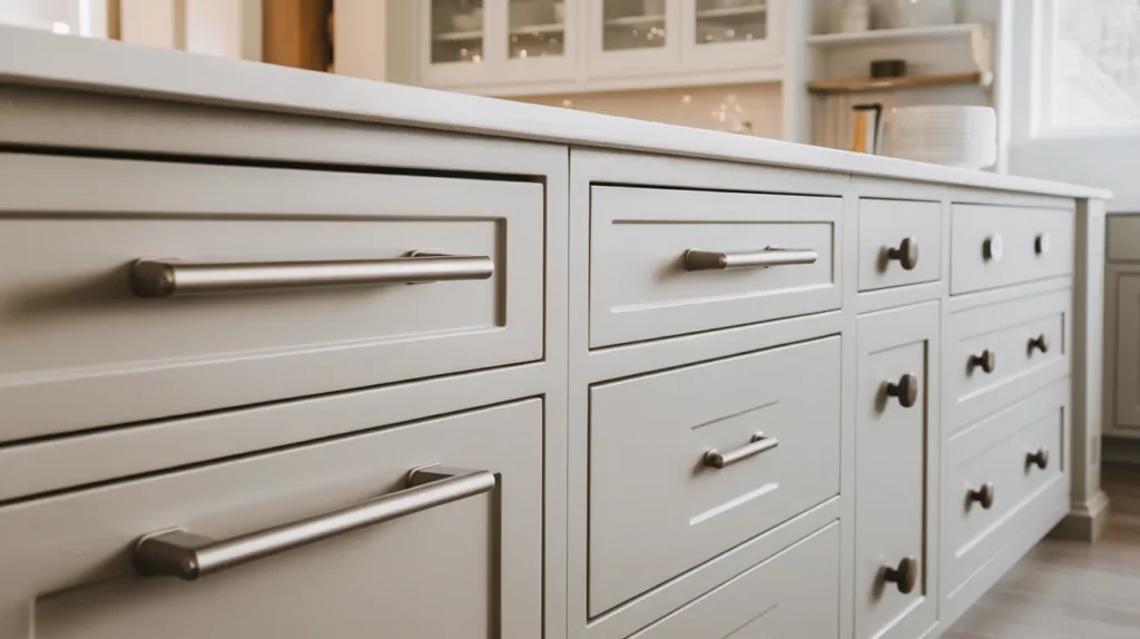 Bar Pulls for Large Drawers, Knobs for Smaller Doors