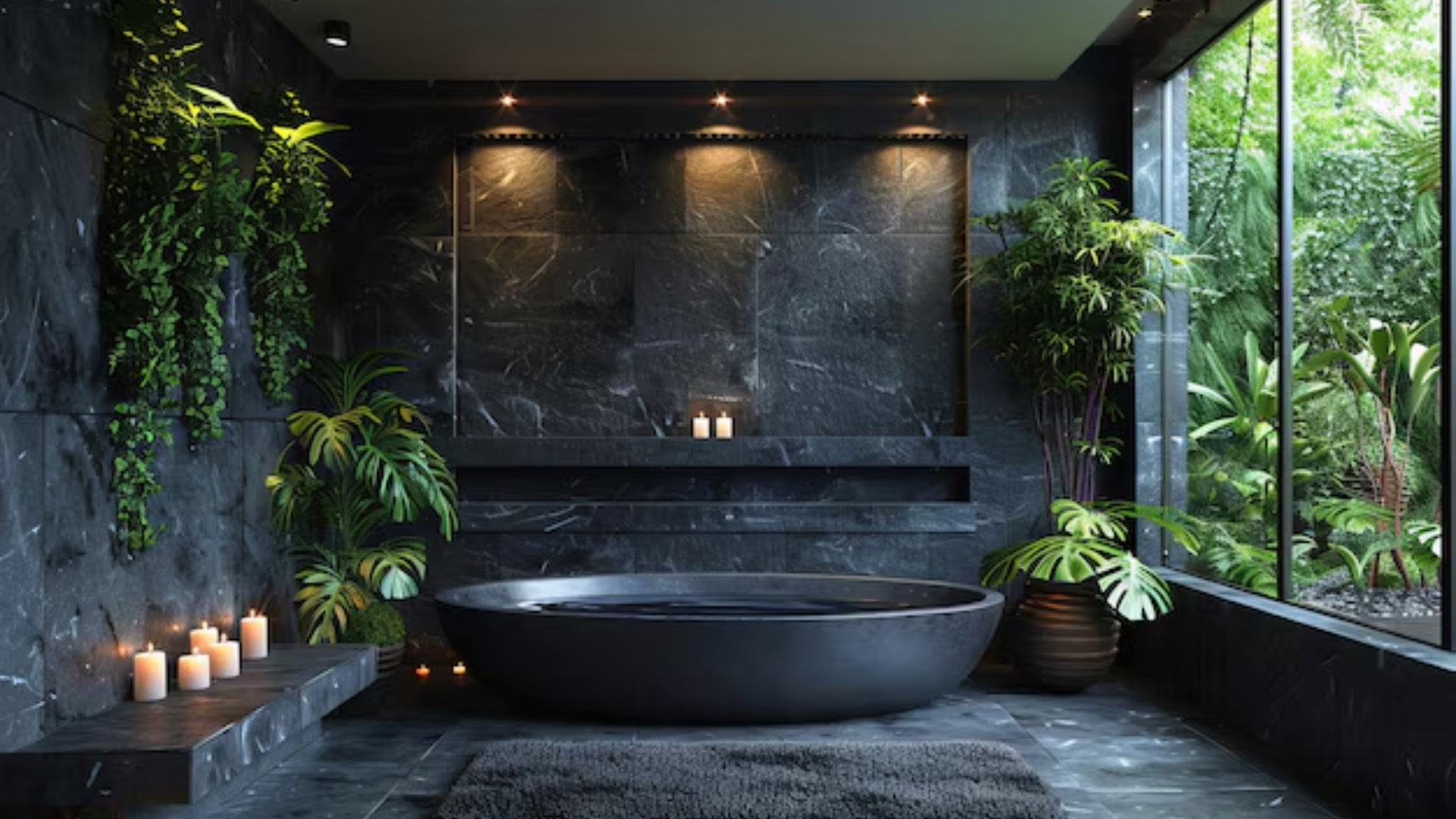 Black Tiles with Green Plants