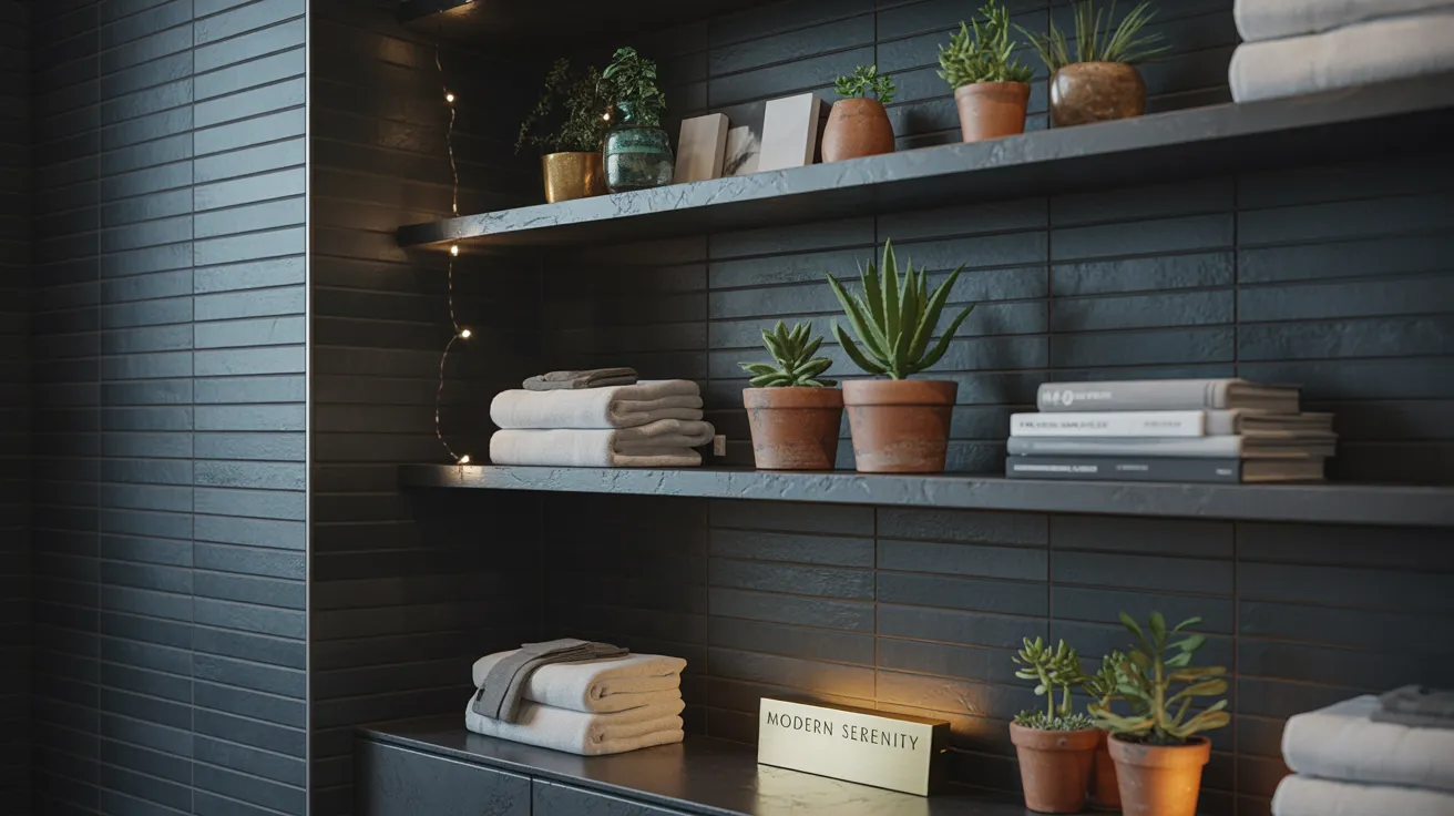 Black Tiles with Open Shelving
