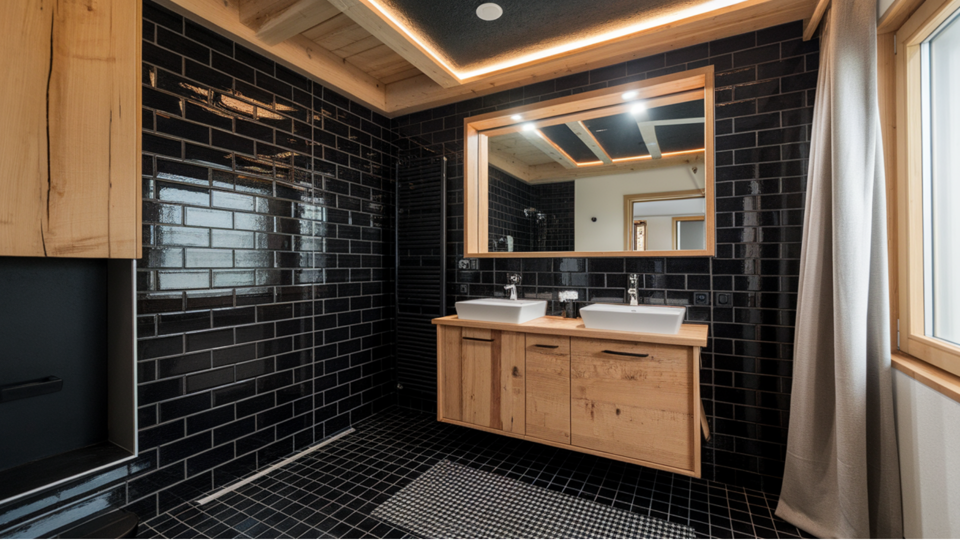 Black Tiles with Wood Accents