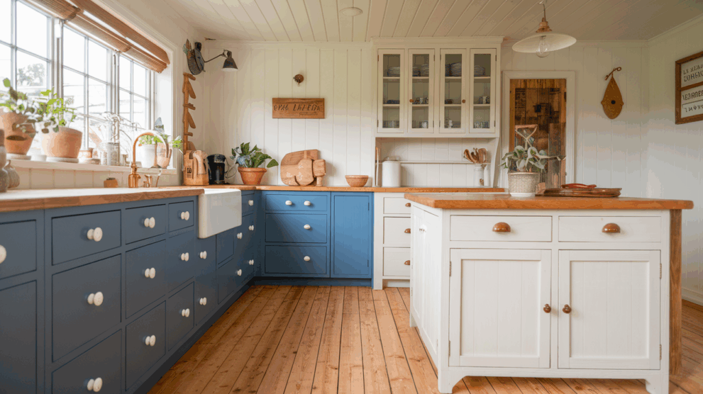Blue and White with Wood Accents