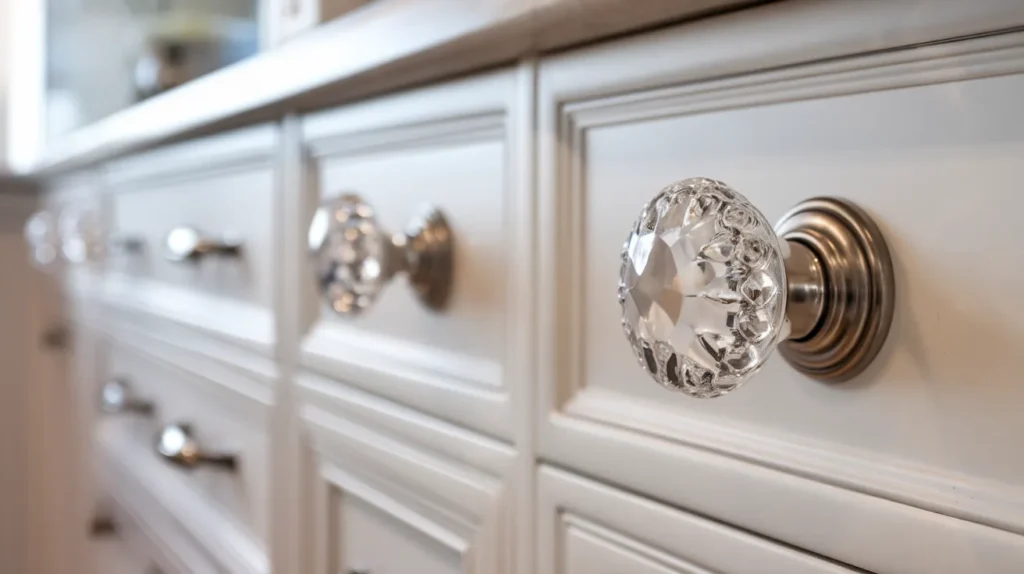 Crystal Knobs Paired with Brushed Nickel Pulls
