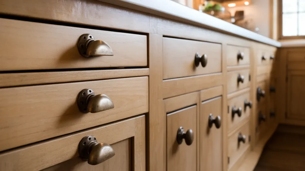 Cup Pulls on Drawers, Round Knobs on Doors