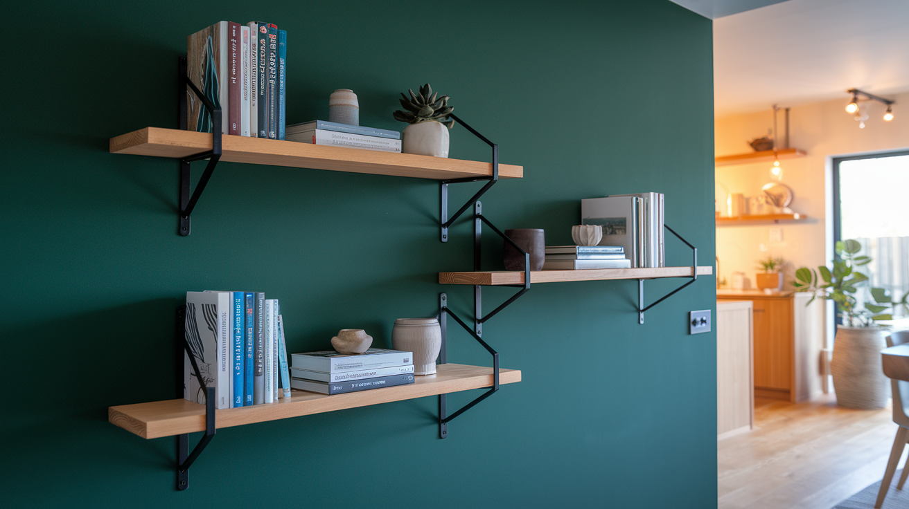 Deep Green Wall with Floating Shelves