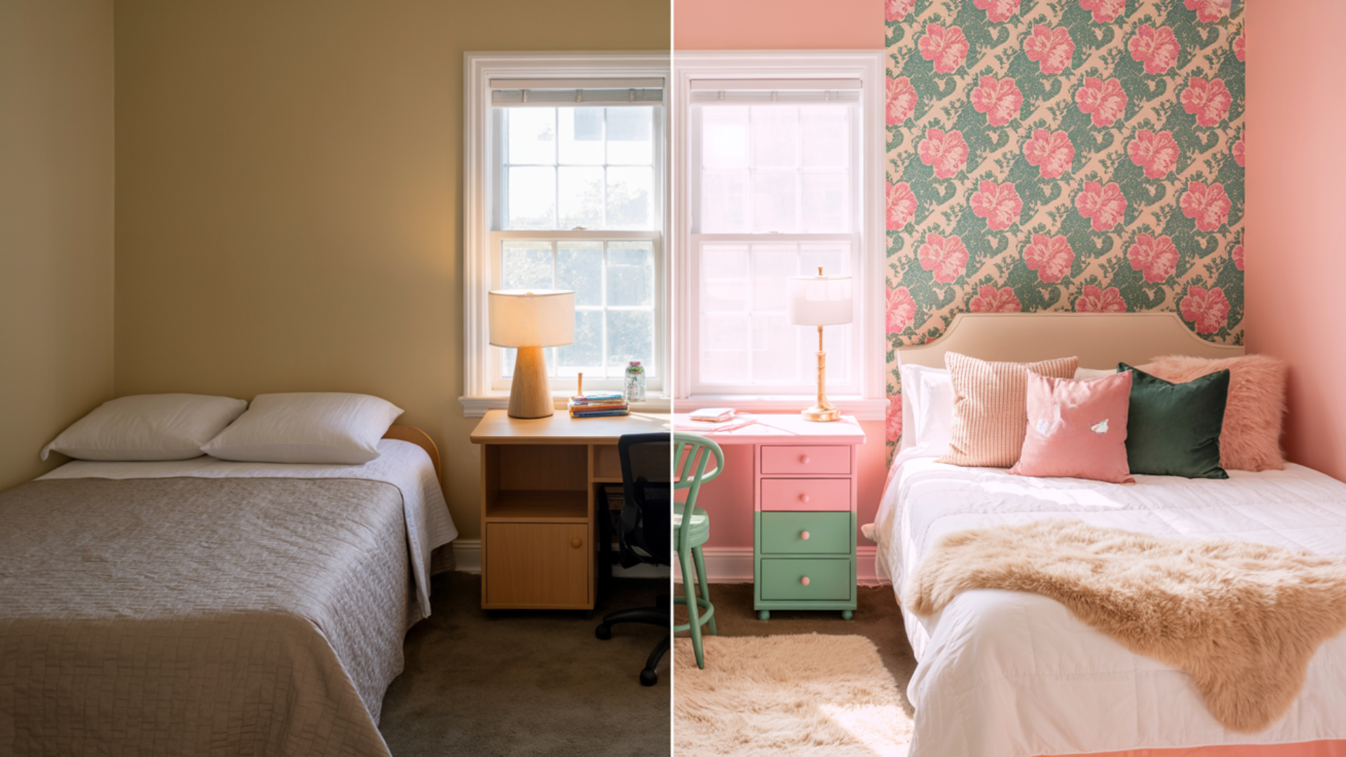 Dull Dorm Room to Bright Pink and Green Retreat