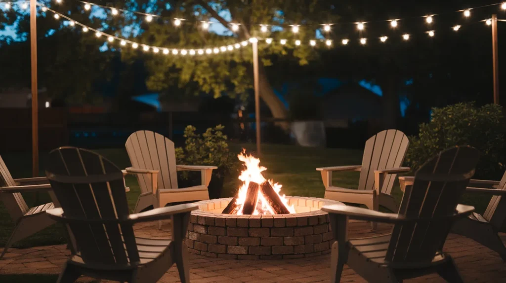 Fire Pit with String Lights Overhead