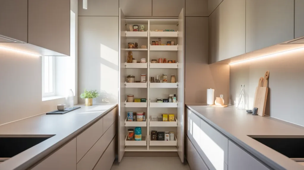 Gallery Kitchen with Tall Pantry Cabinet