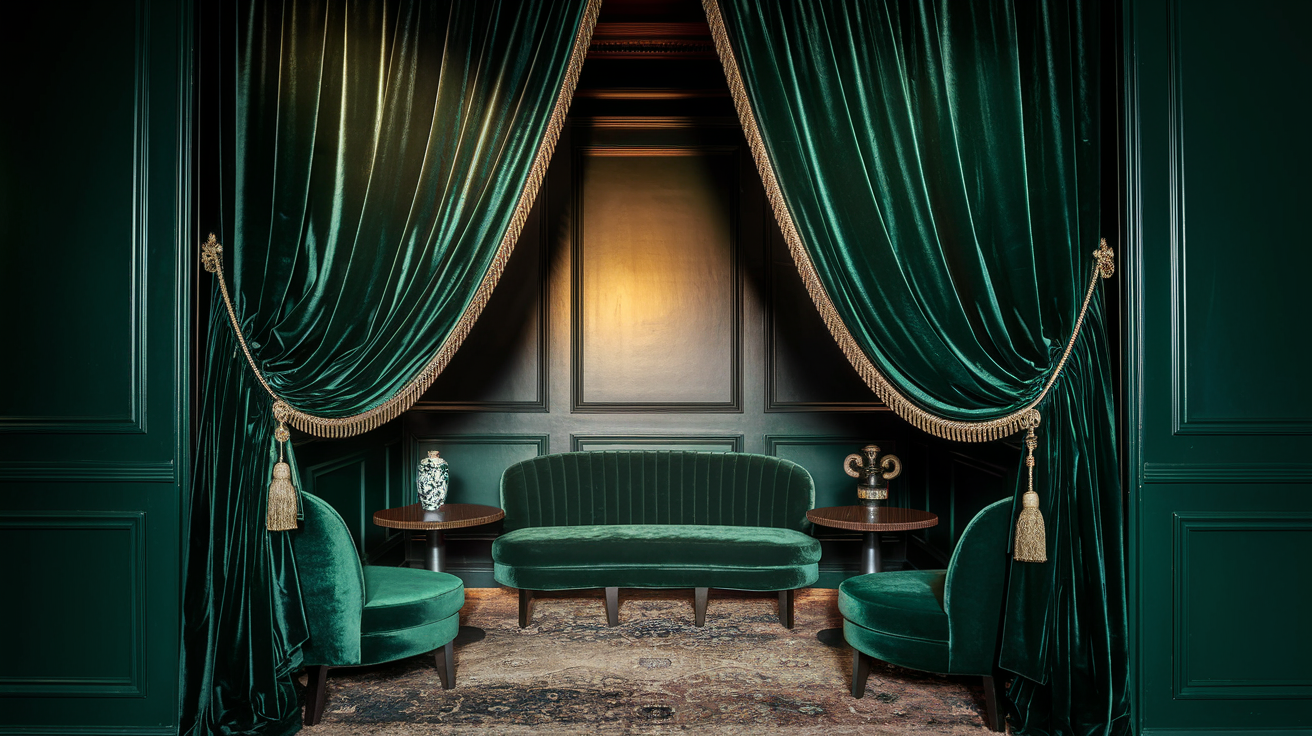 Green Lounge with Velvet Drapes