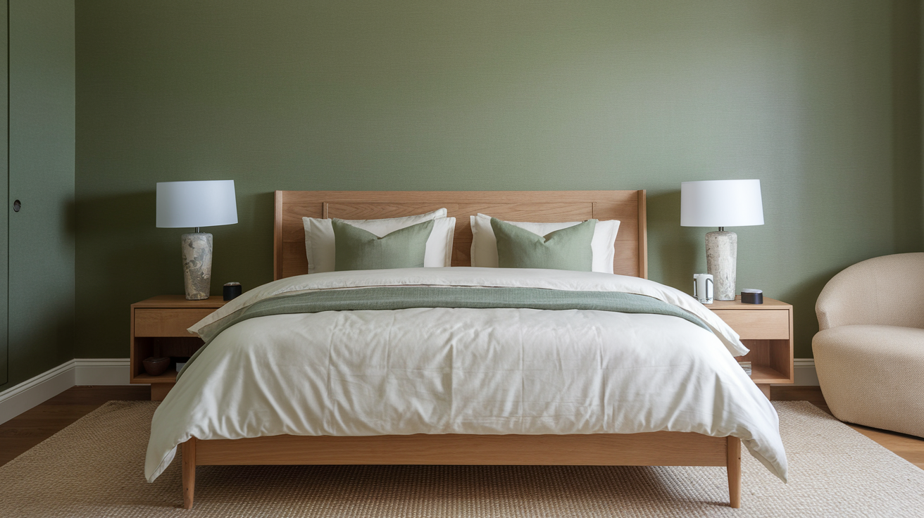 Green Wall Behind a Bed