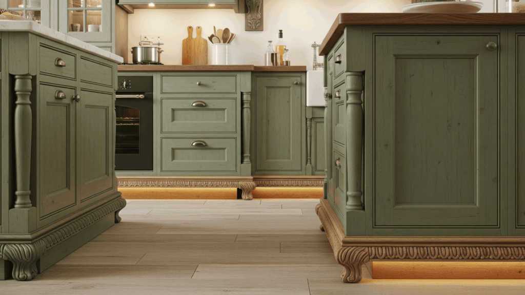Highlight Cabinet Feet with Distressed Trim