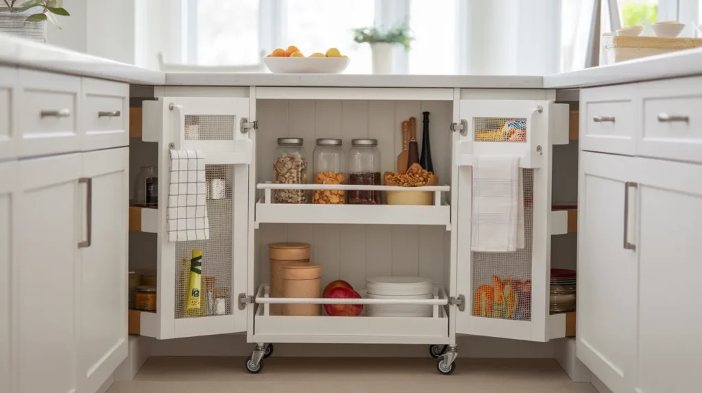 Kitchen with Rolling Pantry Cart