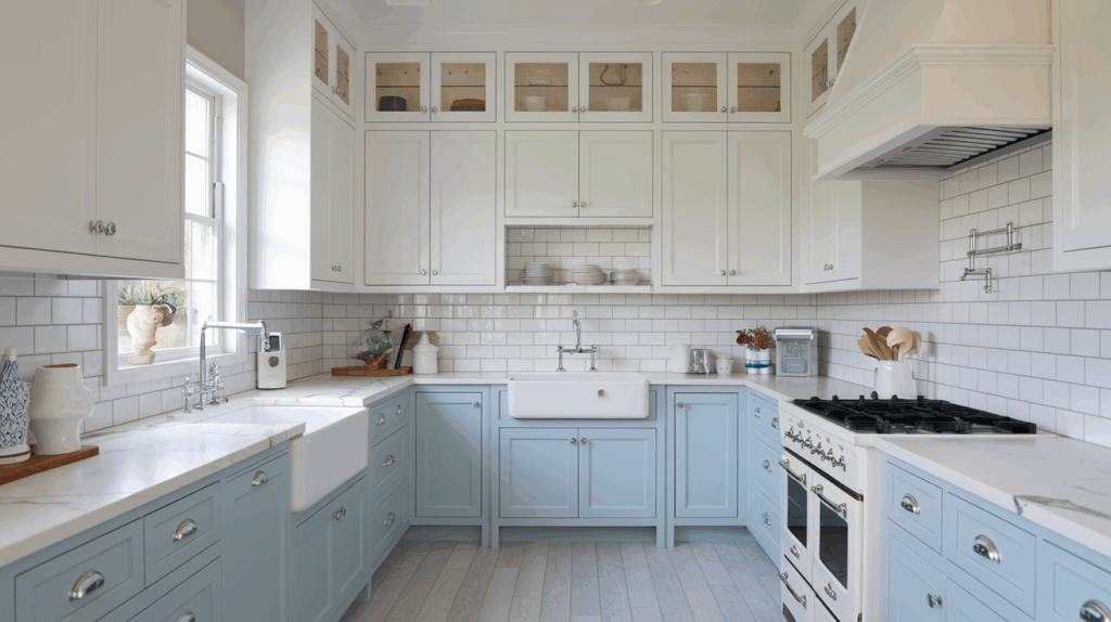 Light Blue Base with White Shaker Cabinets