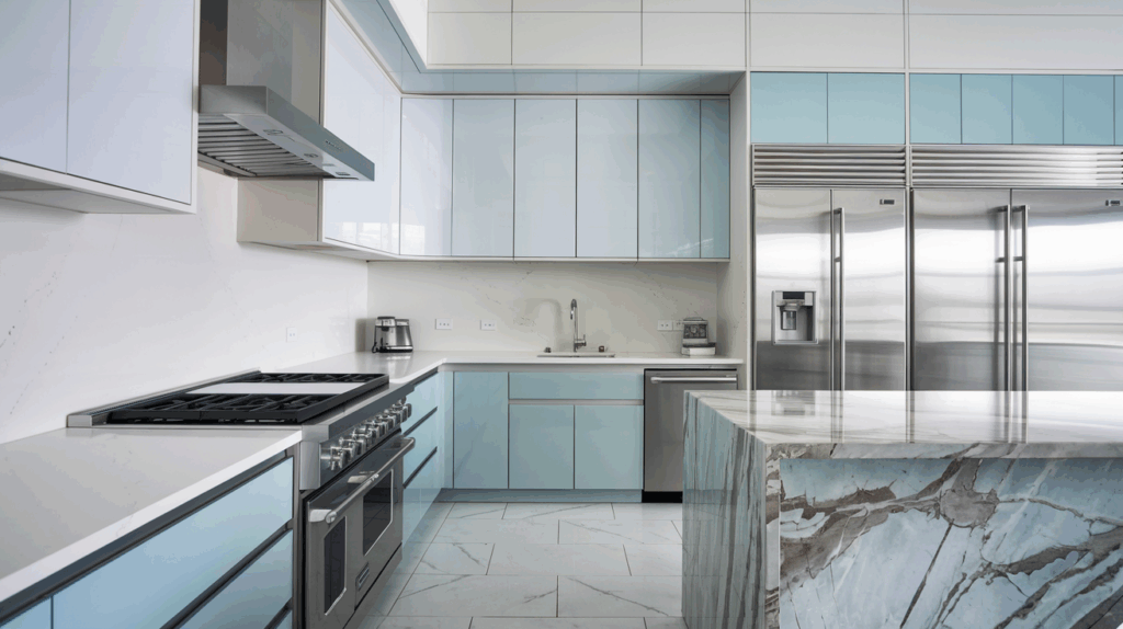 Light Blue and White with Stainless Steel Appliances
