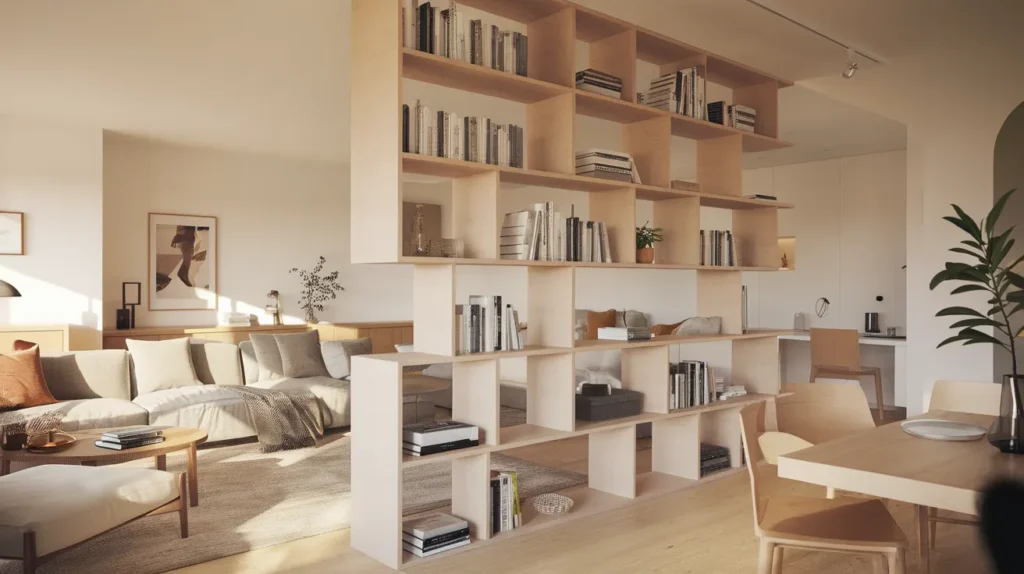 Living Room with Open Bookshelf Partition