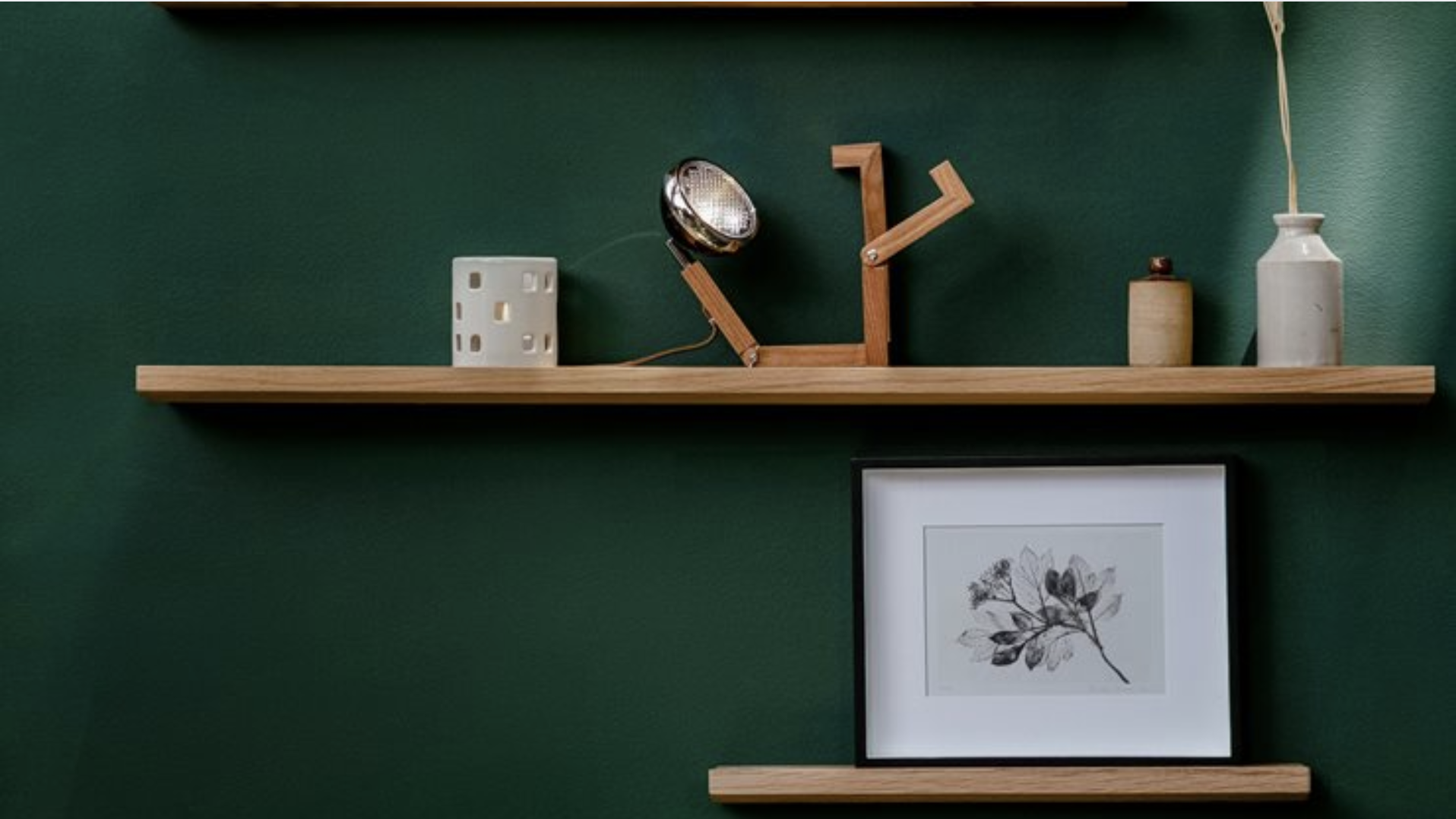Matte Green Walls with Floating Shelves
