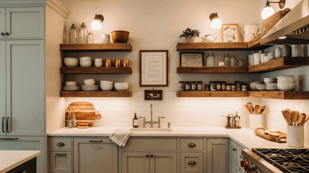 Mix Sage Green Cabinets with Reclaimed Wood Shelving