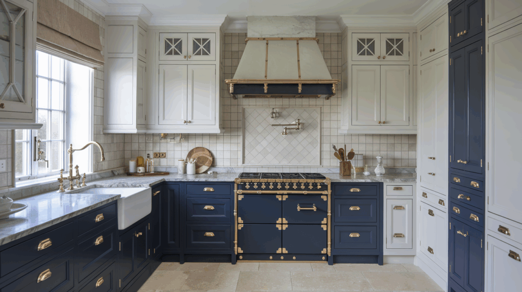 Navy Blue with White and Brass Hardware