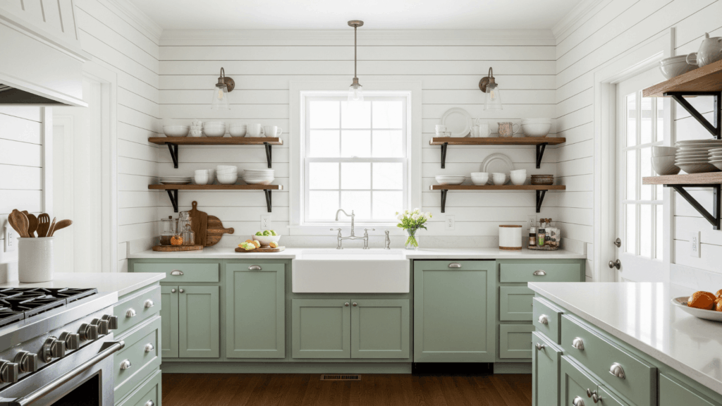 Pair Sage Green Cabinets with White Shiplap Walls