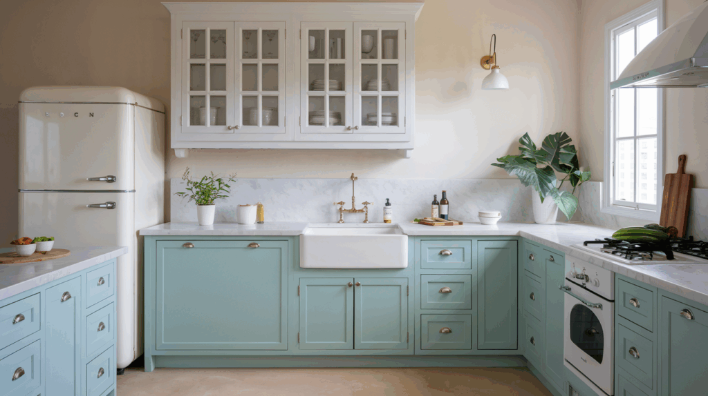 Powder Blue and White Cabinets