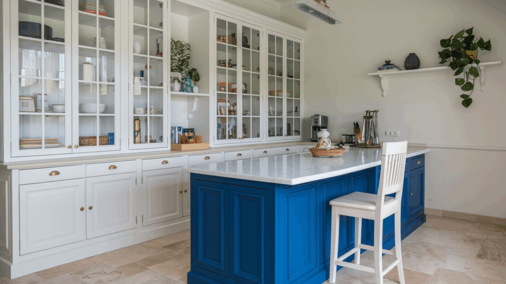 Two-Tone with Blue Island and White Cabinets