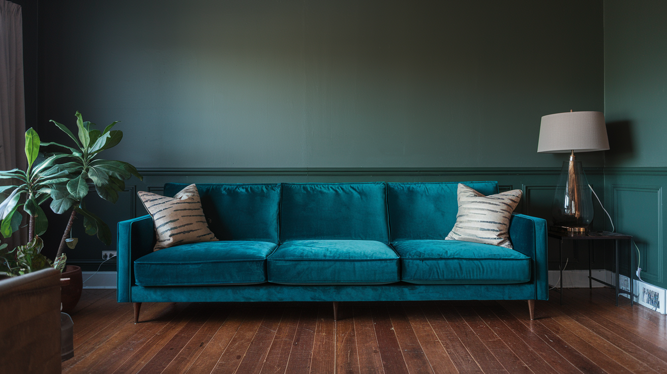 Velvet Sofa on Green Wall