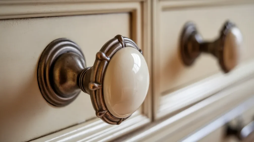 Vintage Style Cup Pulls Paired with Porcelain Knobs
